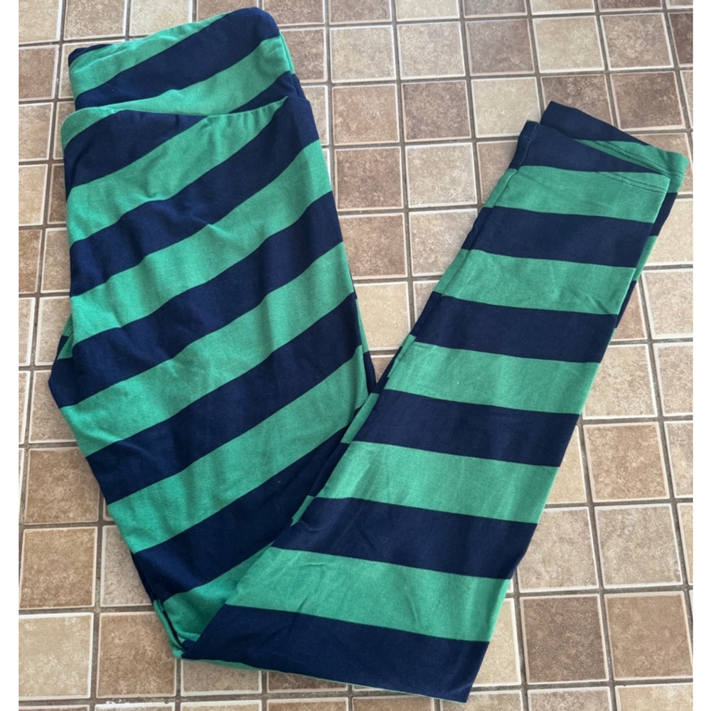 Women's LuLaRoe Leggings One Size Green & Navy Striped